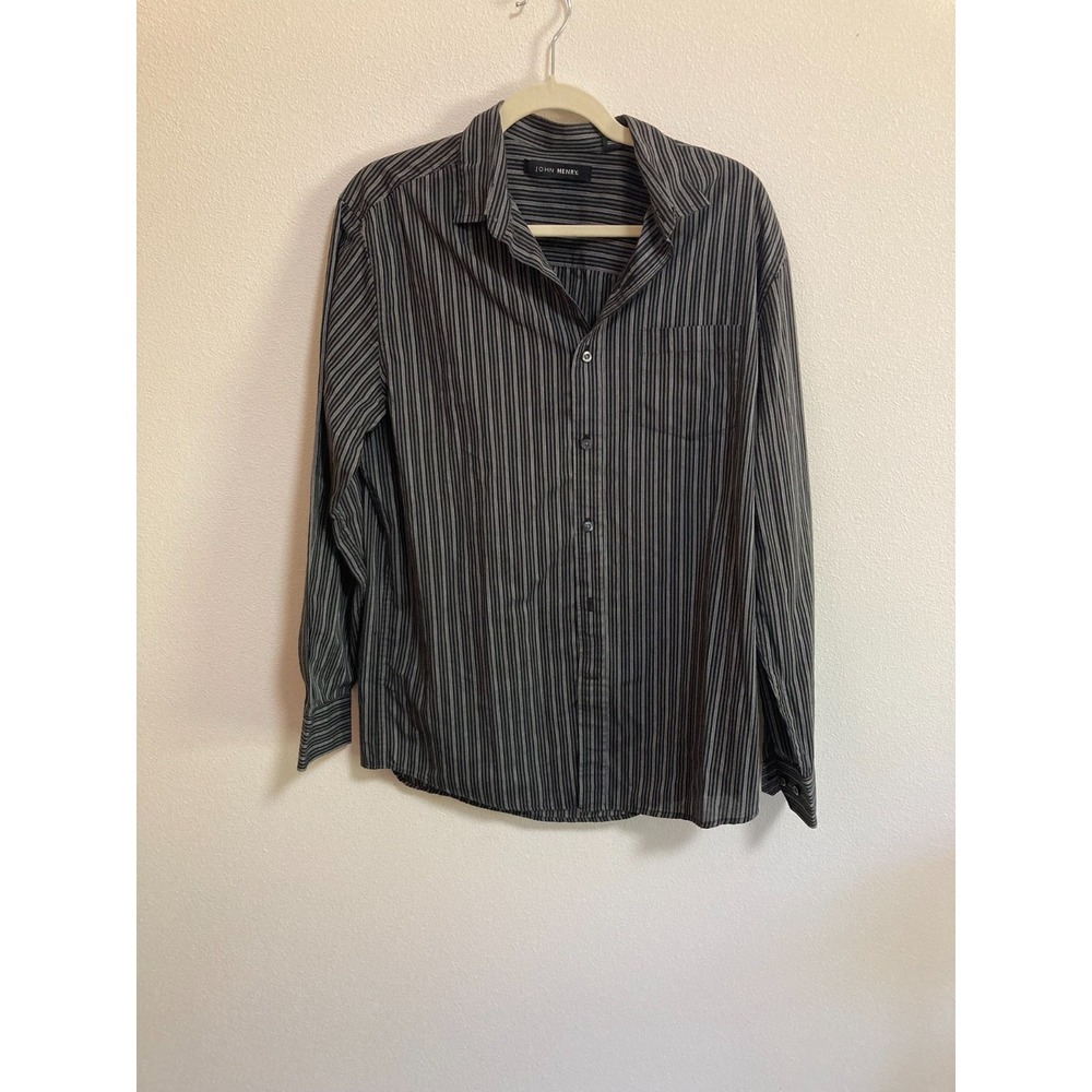 John Henry Black Gray Striped Shirt Size M Medium Men Long Sleeve Button Up